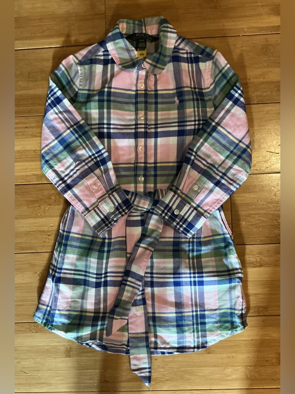 Polo Ralph Lauren Girls Pink Green Plaid Long Sleeve Button Down Shirt Dress 4T